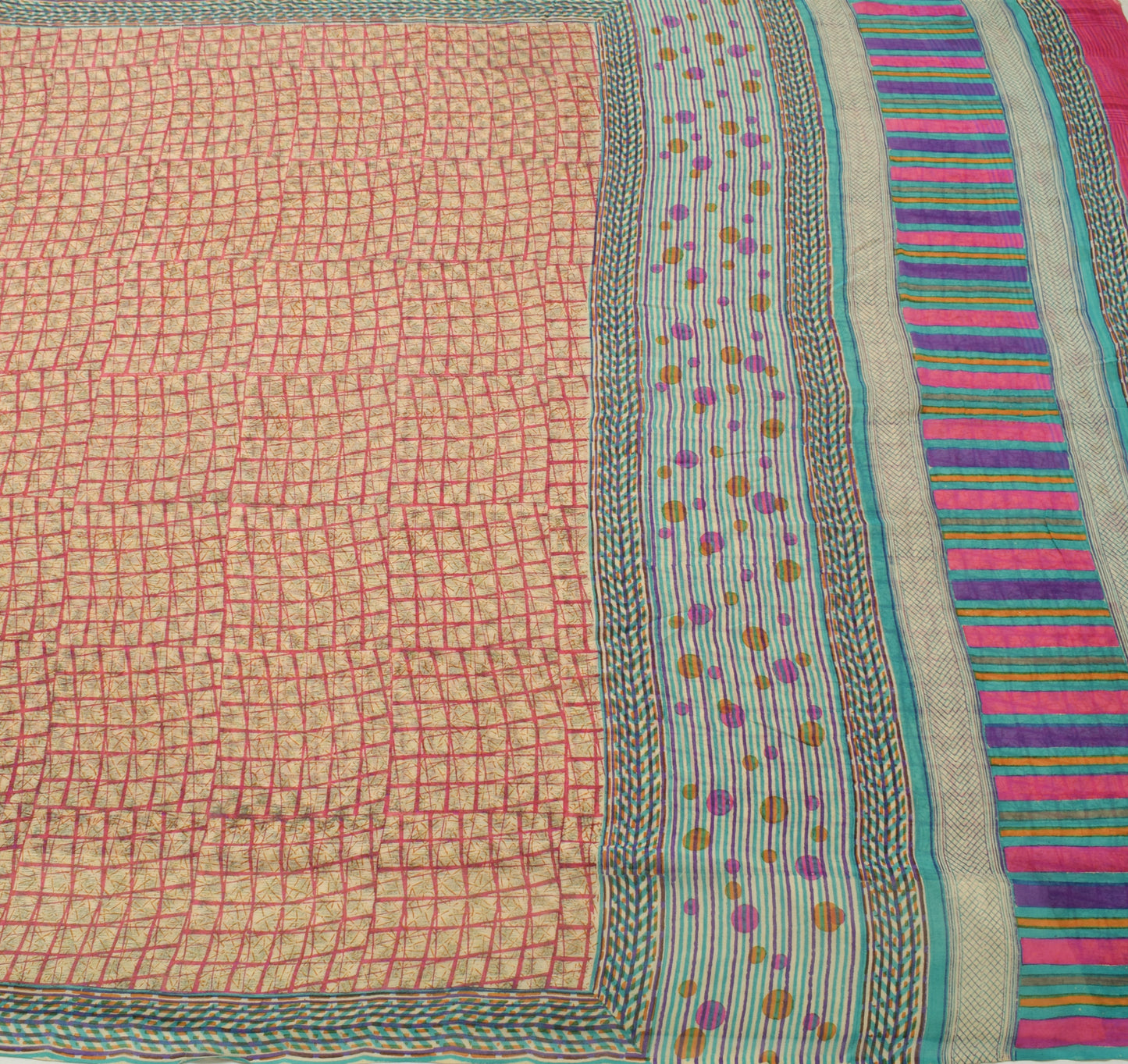 Sushila Vintage Cream Saree 100% Pure Georgette Silk Printed Checks Craft Fabric