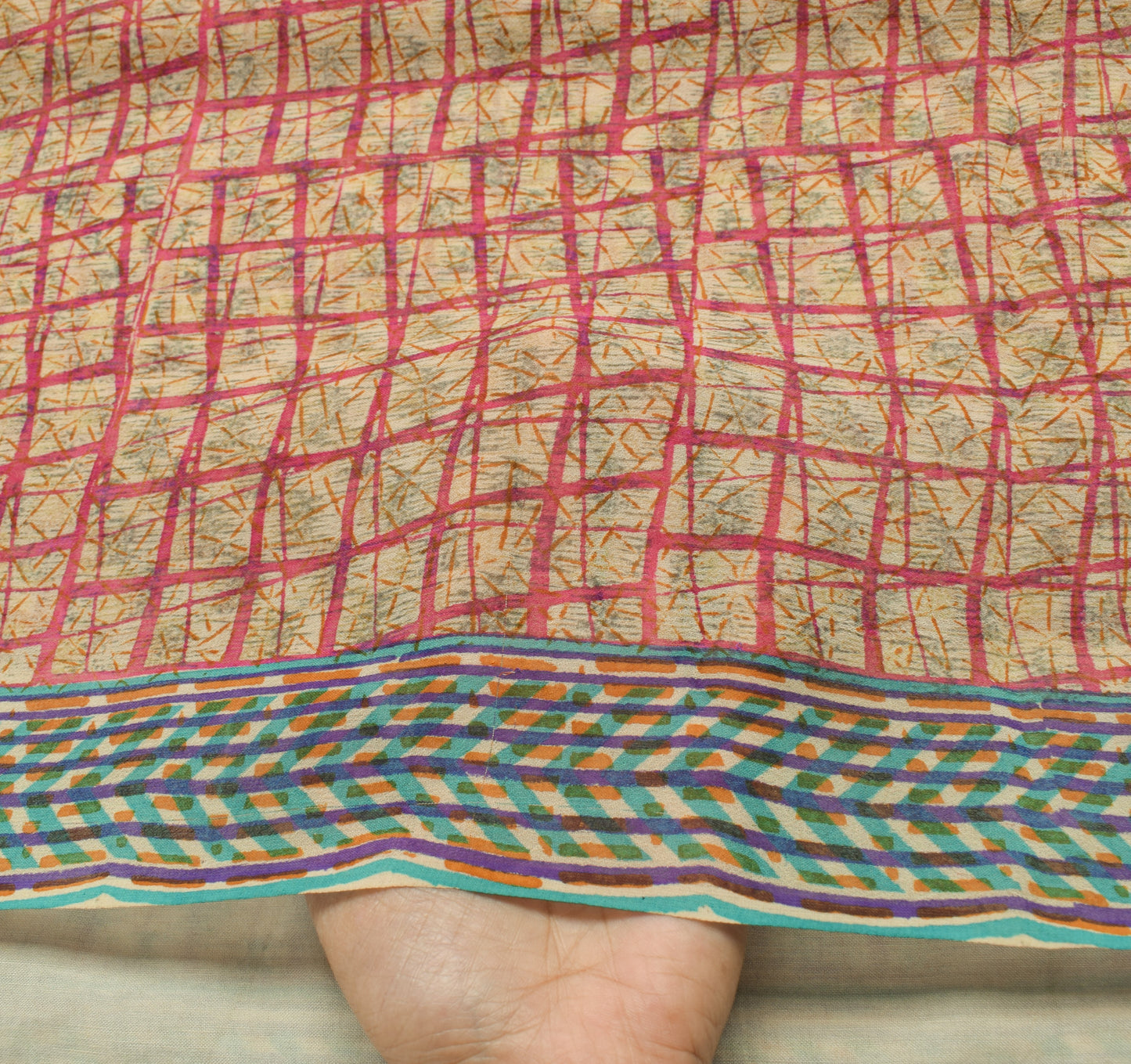 Sushila Vintage Cream Saree 100% Pure Georgette Silk Printed Checks Craft Fabric