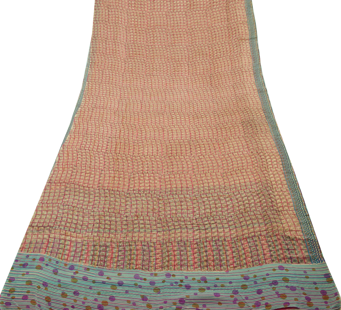 Sushila Vintage Cream Saree 100% Pure Georgette Silk Printed Checks Craft Fabric