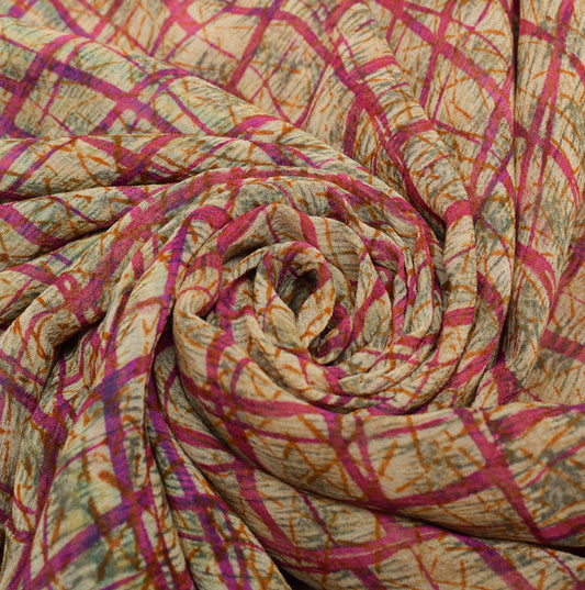 Sushila Vintage Cream Saree 100% Pure Georgette Silk Printed Checks Craft Fabric