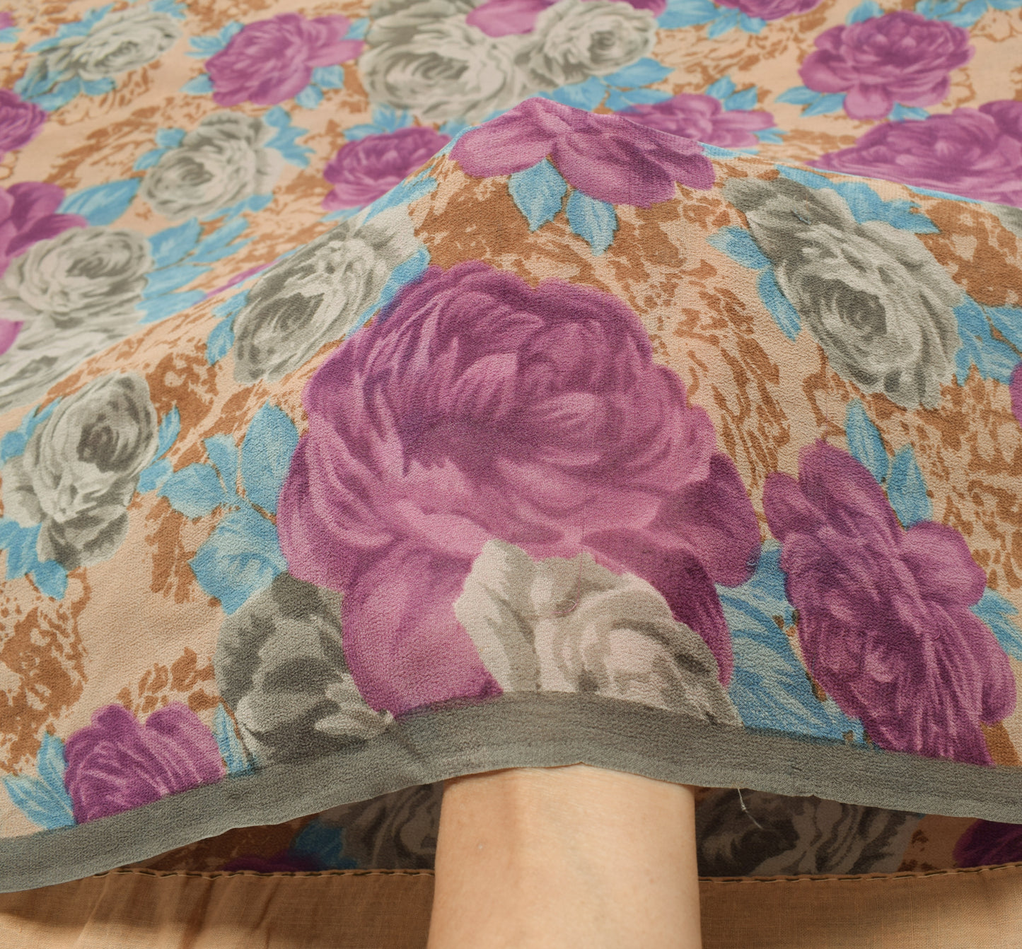 Sushila Vintage Saree 100%Pure Georgette Silk Printed Floral 5 Yard Craft Fabric