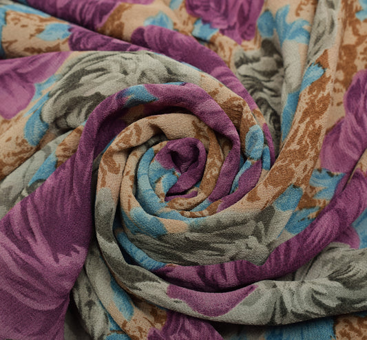 Sushila Vintage Saree 100%Pure Georgette Silk Printed Floral 5 Yard Craft Fabric