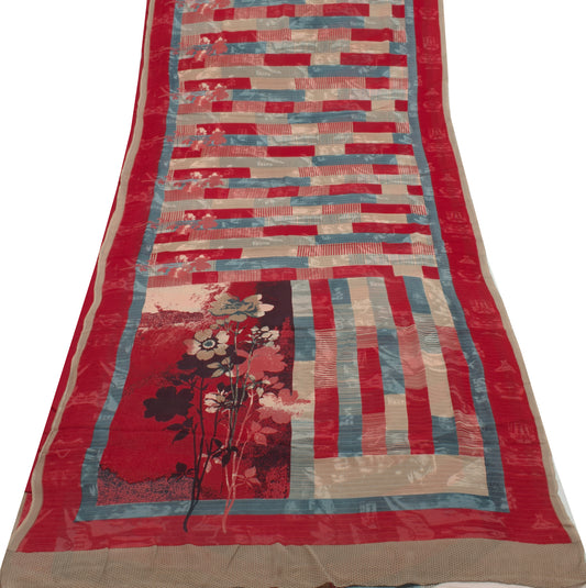 Sushila Vintage Saree 100%Pure Georgette Silk Printed Floral 5 Yard Craft Fabric