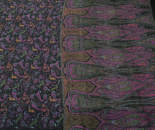 Sushila Vintage Black Saree 100% Pure Georgette Silk Printed Birds Craft Fabric