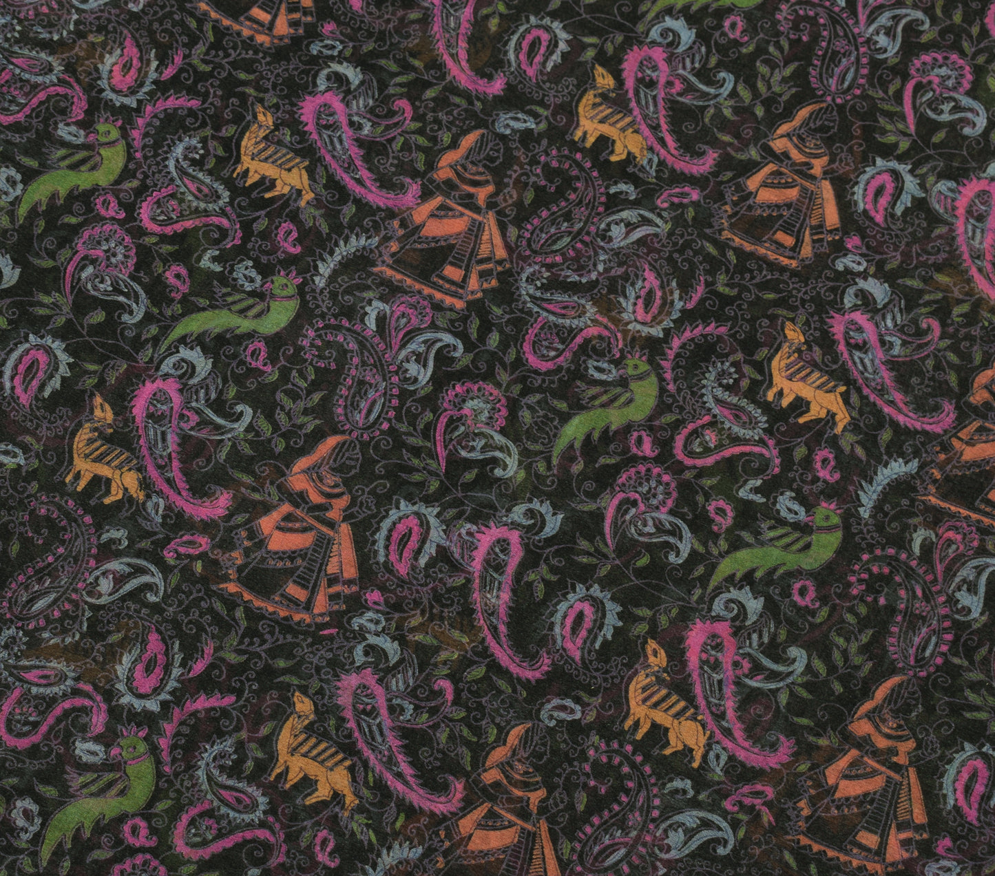 Sushila Vintage Black Saree 100% Pure Georgette Silk Printed Birds Craft Fabric