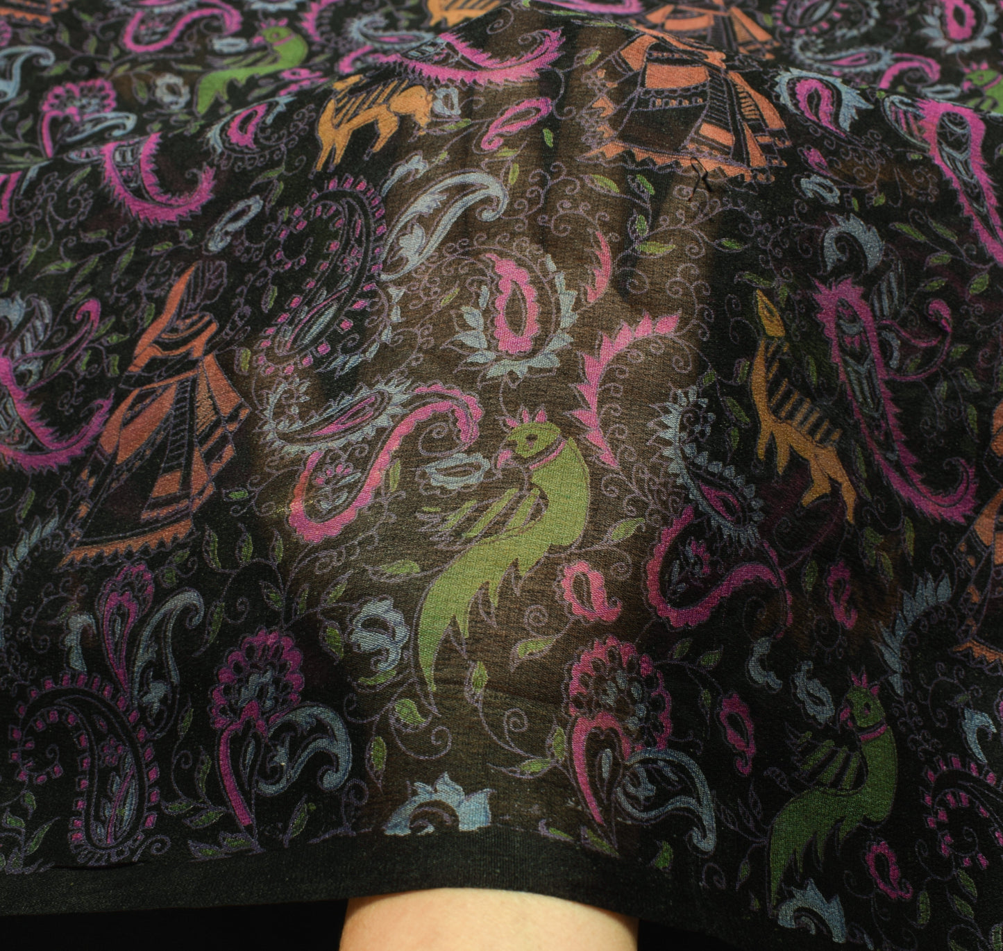 Sushila Vintage Black Saree 100% Pure Georgette Silk Printed Birds Craft Fabric