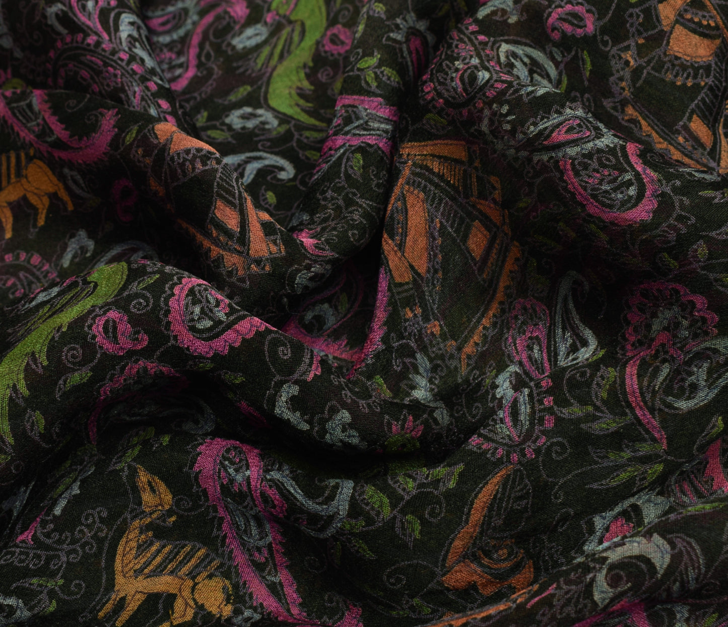 Sushila Vintage Black Saree 100% Pure Georgette Silk Printed Birds Craft Fabric