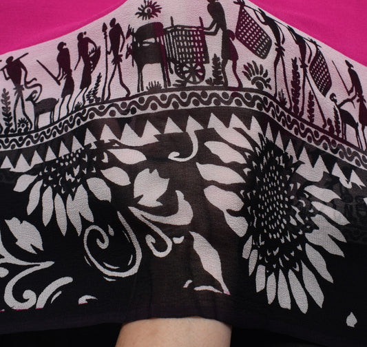 Sushila Vintage Purple Saree 100% Pure Georgette Silk Printed Birds Craft Fabric