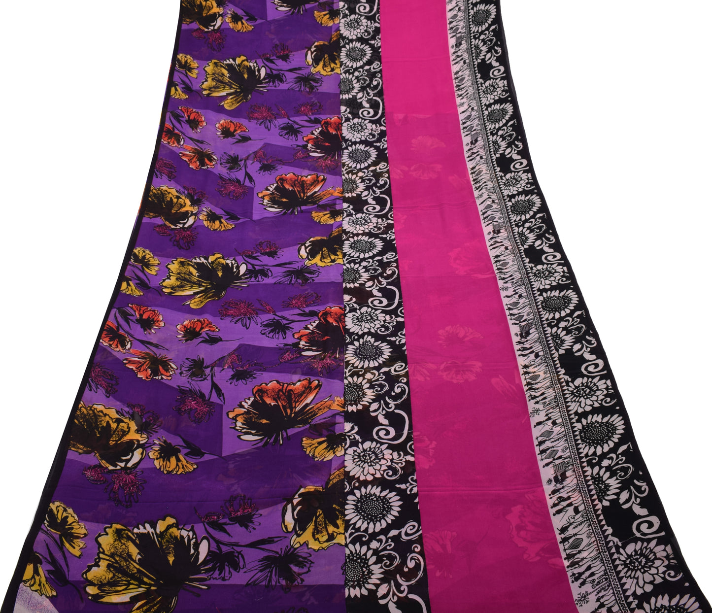 Sushila Vintage Purple Saree 100% Pure Georgette Silk Printed Birds Craft Fabric
