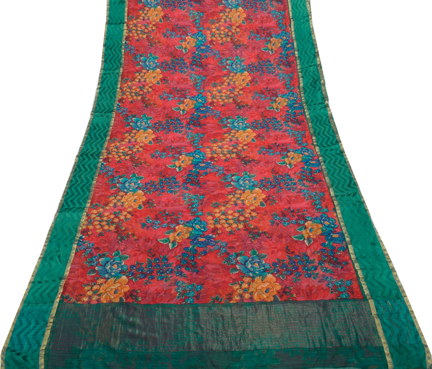 Sushila Vintage Red Saree 100% Pure Georgette Silk Printed Floral Craft Fabric