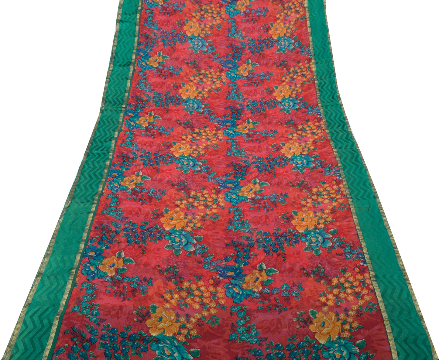 Sushila Vintage Red Saree 100% Pure Georgette Silk Printed Floral Craft Fabric