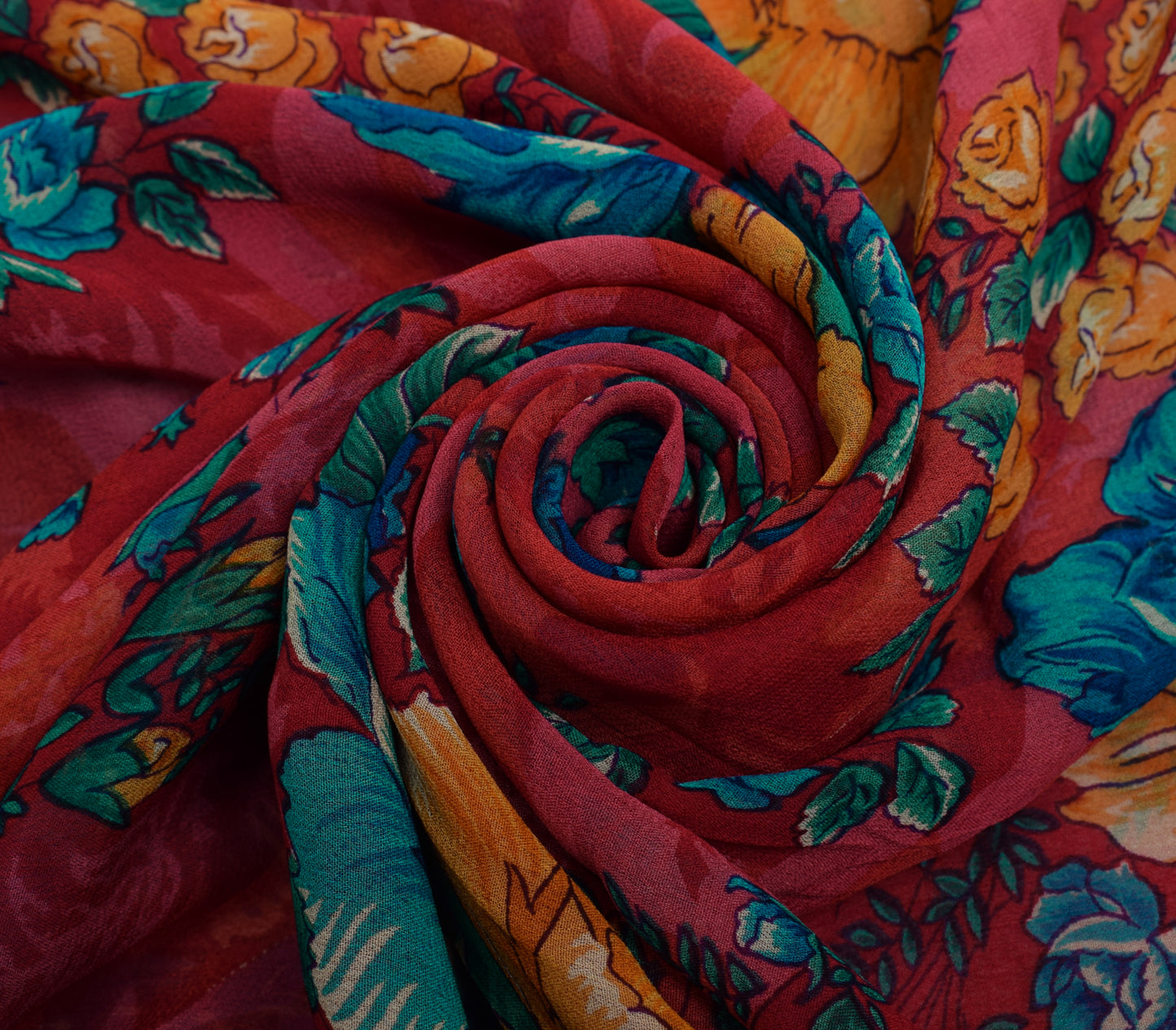 Sushila Vintage Red Saree 100% Pure Georgette Silk Printed Floral Craft Fabric