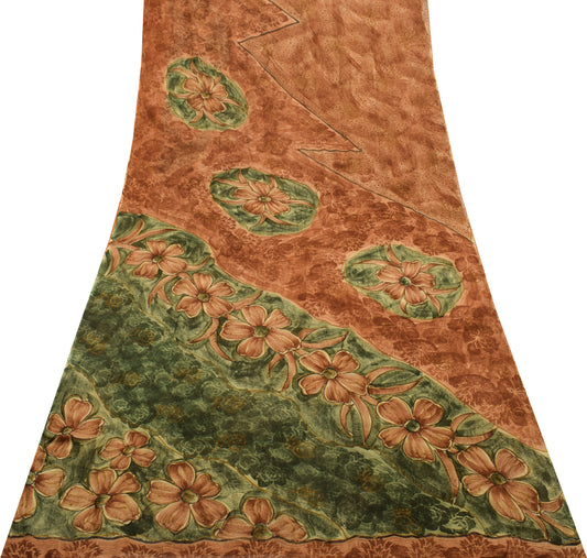 Sushila Vintage Brown Saree 100% Pure Georgette Silk Printed Floral Craft Fabric