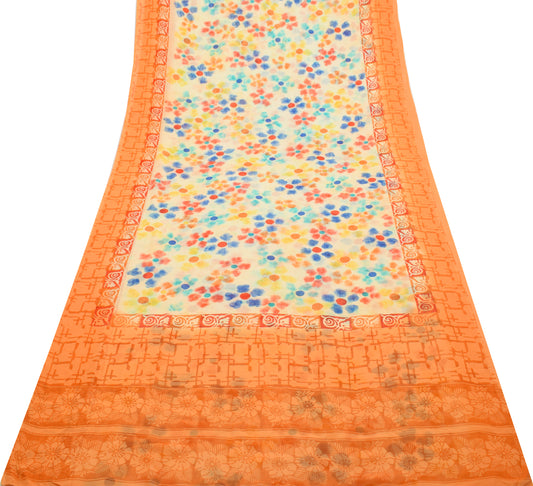 Sushila Vintage Cream Saree Pure Georgette Silk Printed Polka Dots Craft Fabric