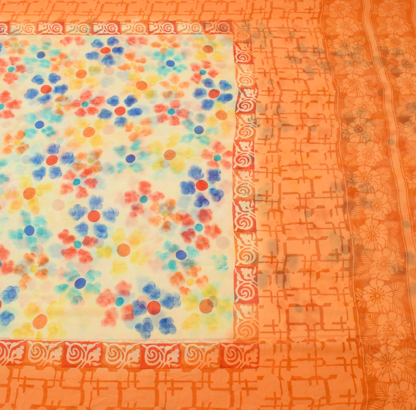 Sushila Vintage Cream Saree Pure Georgette Silk Printed Polka Dots Craft Fabric