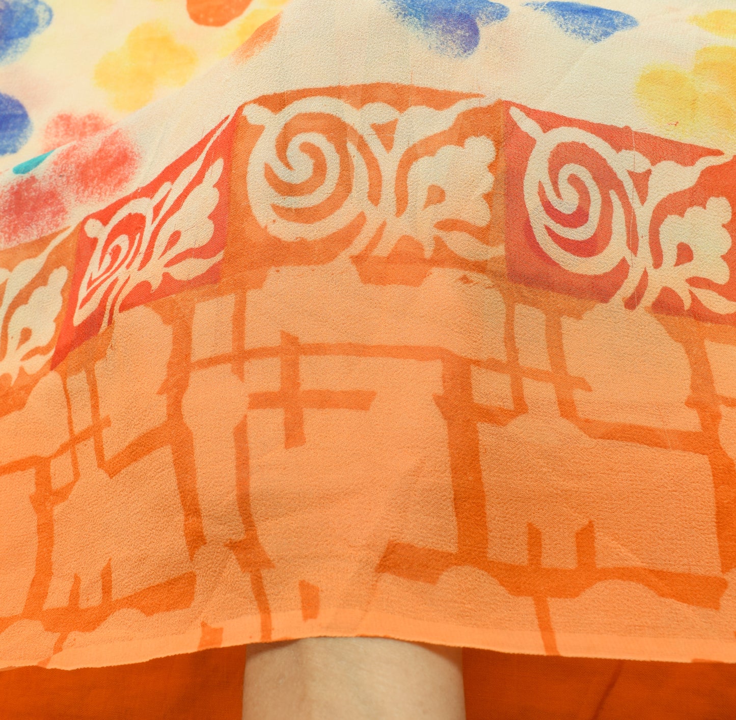 Sushila Vintage Cream Saree Pure Georgette Silk Printed Polka Dots Craft Fabric