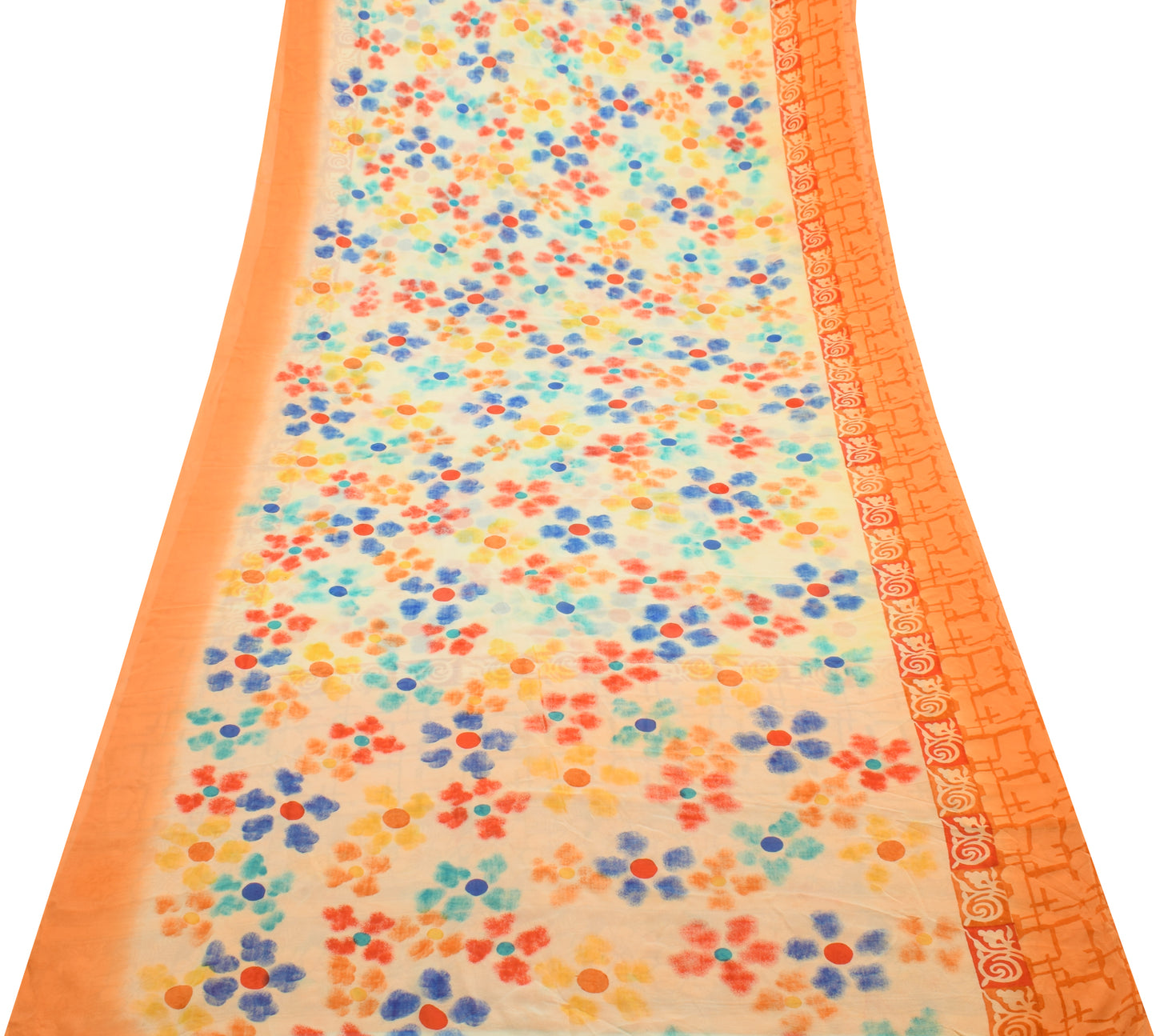 Sushila Vintage Cream Saree Pure Georgette Silk Printed Polka Dots Craft Fabric