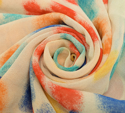 Sushila Vintage Cream Saree Pure Georgette Silk Printed Polka Dots Craft Fabric