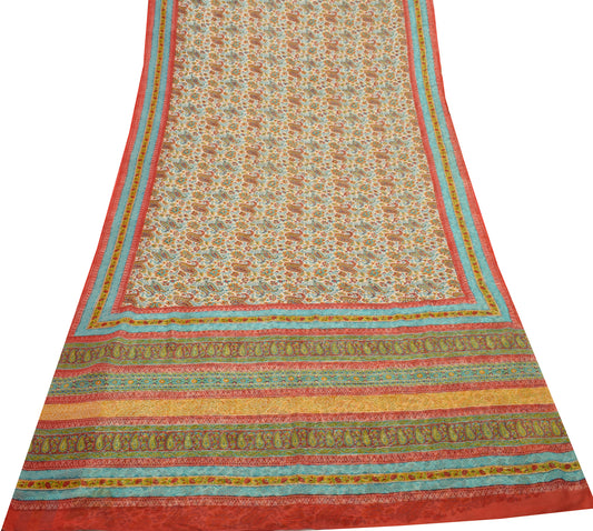Sushila Vintage Cream Branded Saree Pure Georgette Printed Floral Craft Fabric