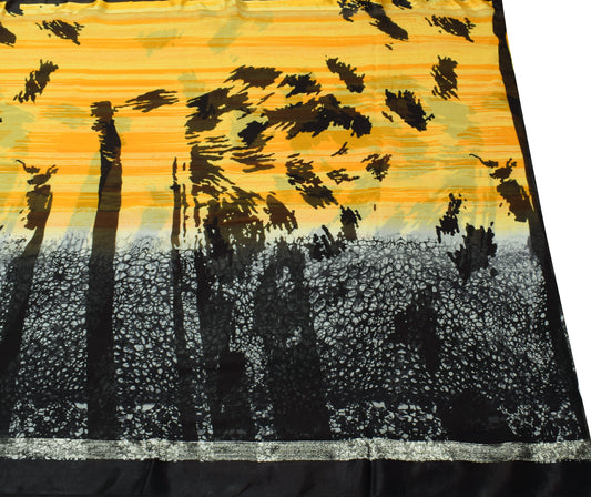 Sushila Vintage Yellow & Black Saree 100% Pure Georgette Printed Craft Fabric