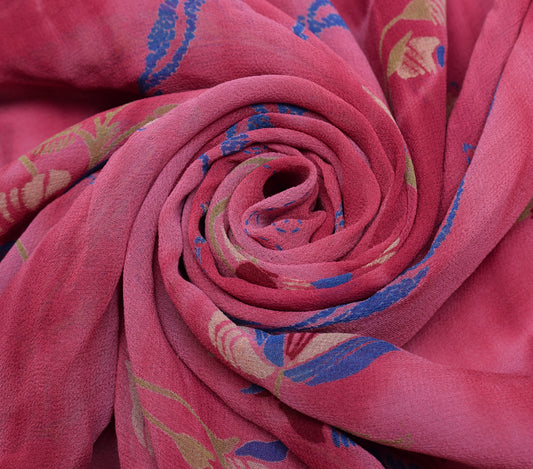 Sushila Vintage Saree 100% Pure Georgette Silk Printed Floral 5 YD Craft Fabric