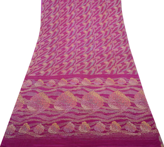 Sushila Vintage Purple Saree 100%Pure Georgette Silk Printed Floral Craft Fabric