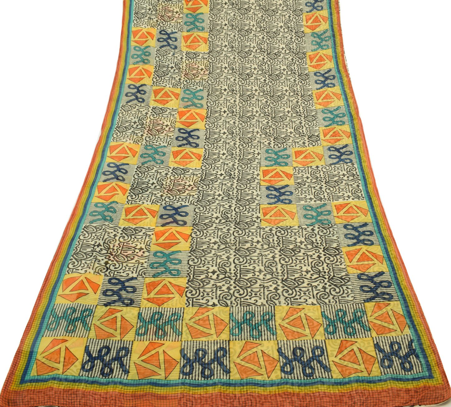 Sushila Vintage Cream Saree 100% Pure Georgette Silk Printed 5 YD Craft Fabric