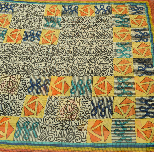 Sushila Vintage Cream Saree 100% Pure Georgette Silk Printed 5 YD Craft Fabric