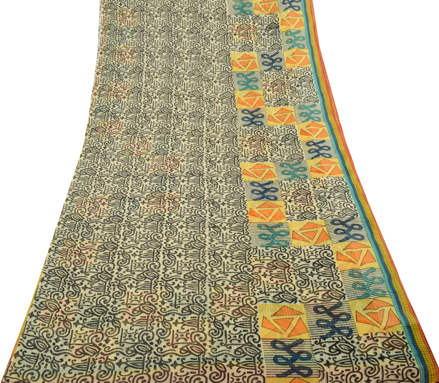 Sushila Vintage Cream Saree 100% Pure Georgette Silk Printed 5 YD Craft Fabric