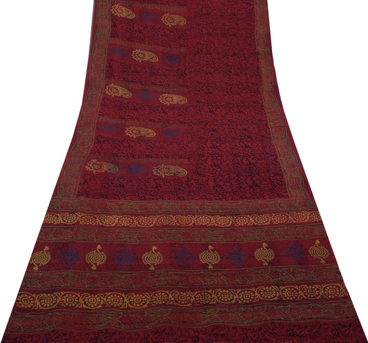 Sushila Vintage Maroon Saree 100%Pure Georgette Silk Printed Floral Craft Fabric