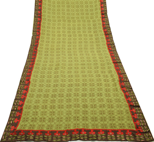 Sushila Vintage Green Indian Saree 100% Pure Georgette Silk Printed Craft Fabric