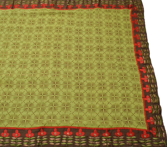 Sushila Vintage Green Indian Saree 100% Pure Georgette Silk Printed Craft Fabric