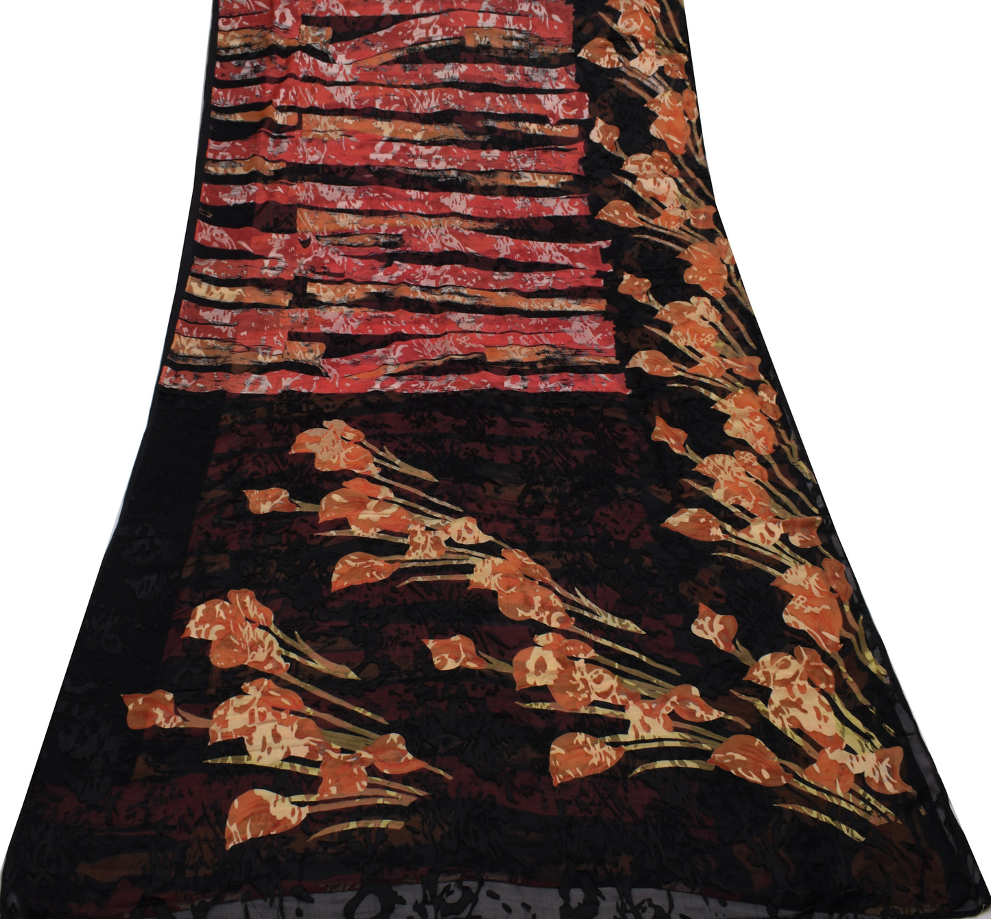 Sushila Vintage Black Saree Blend Georgette Silk Printed Flroal Craft Fabric