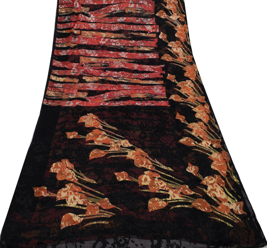 Sushila Vintage Black Saree Blend Georgette Silk Printed Flroal Craft Fabric