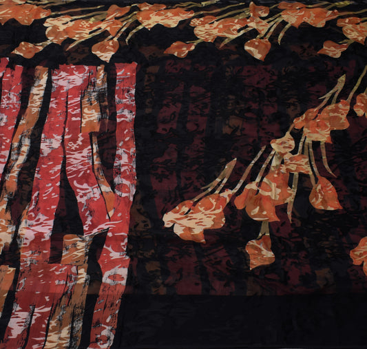 Sushila Vintage Black Saree Blend Georgette Silk Printed Flroal Craft Fabric