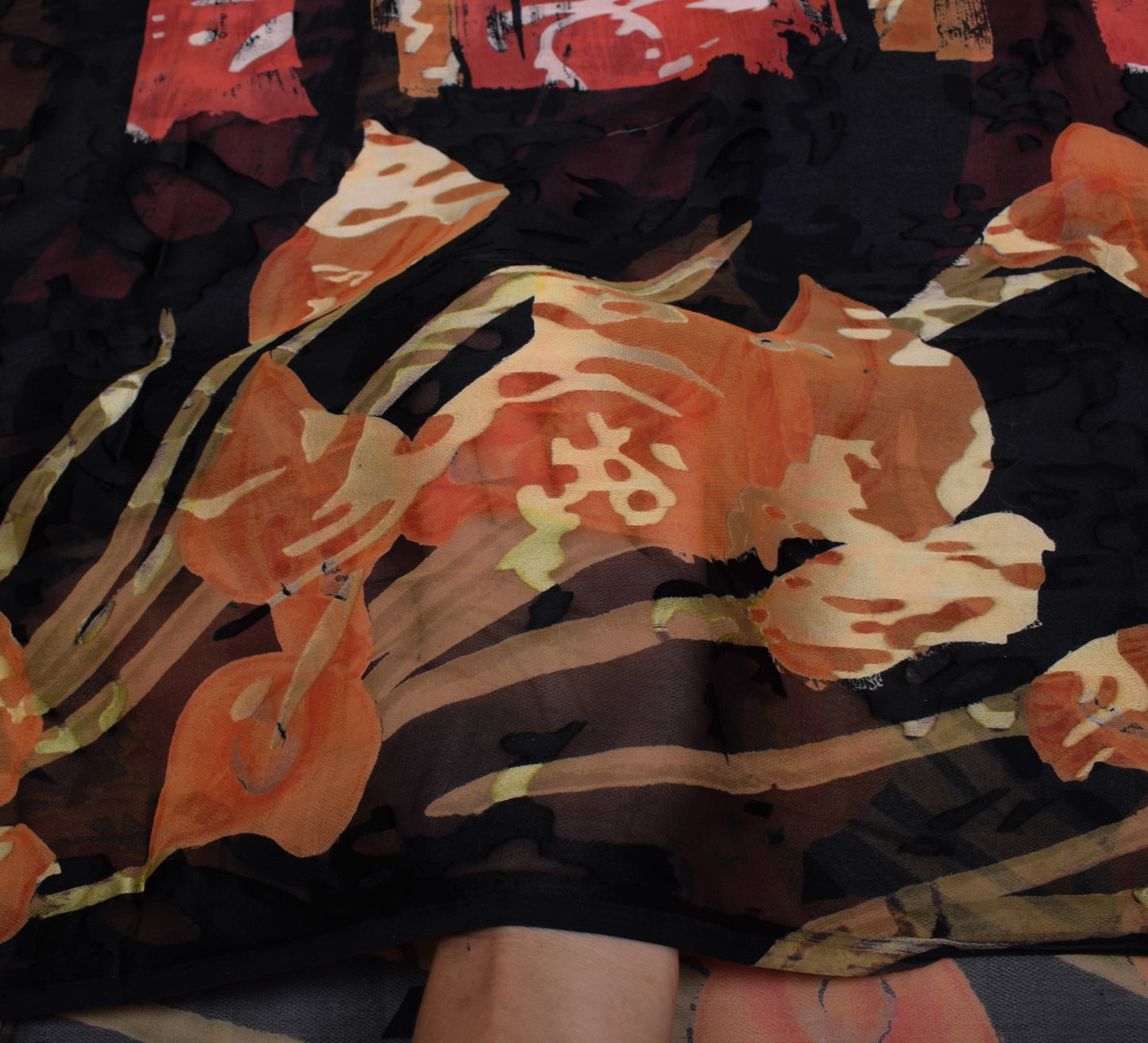 Sushila Vintage Black Saree Blend Georgette Silk Printed Flroal Craft Fabric