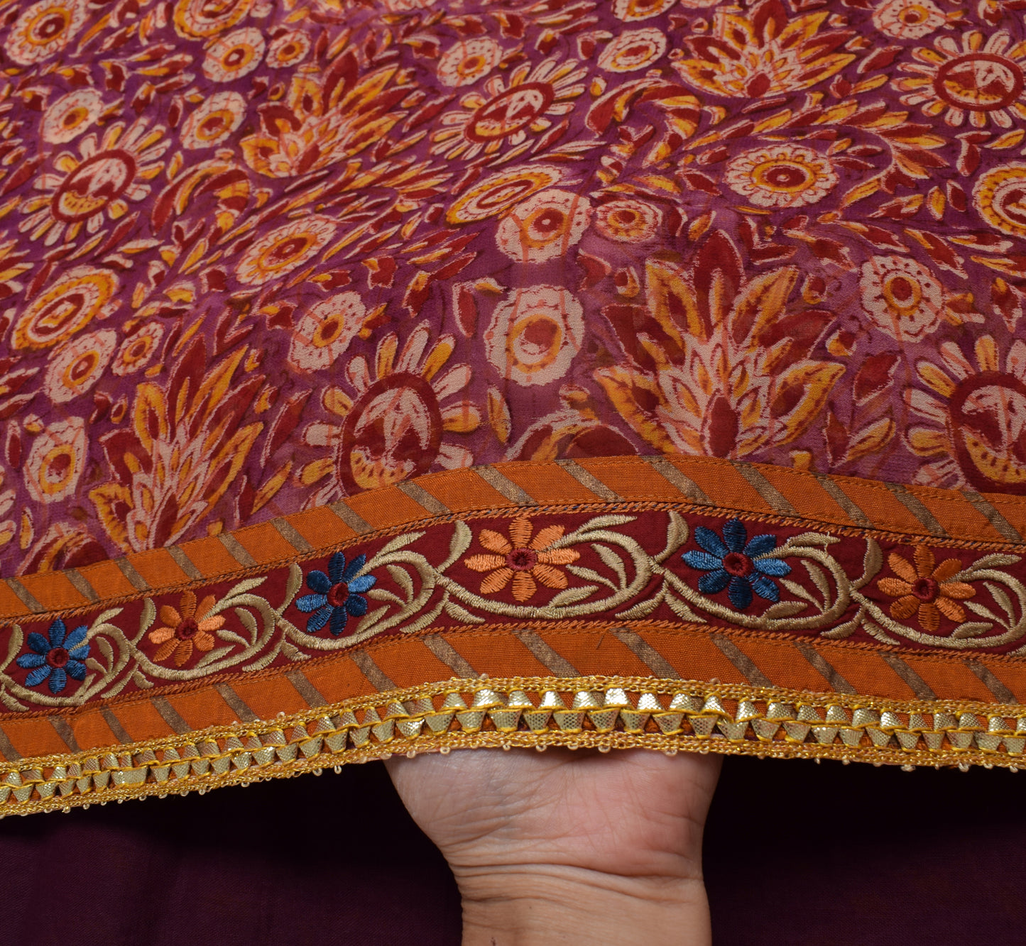 Sushila Vintage Purple Saree 100%Pure Georgette Silk Printed Floral Craft Fabric