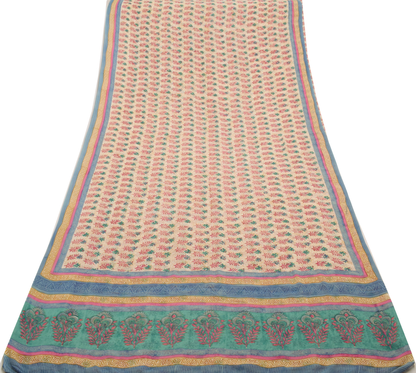 Sushila Vintage Cream Saree 100% Pure Georgette Silk Printed Floral Craft Fabric