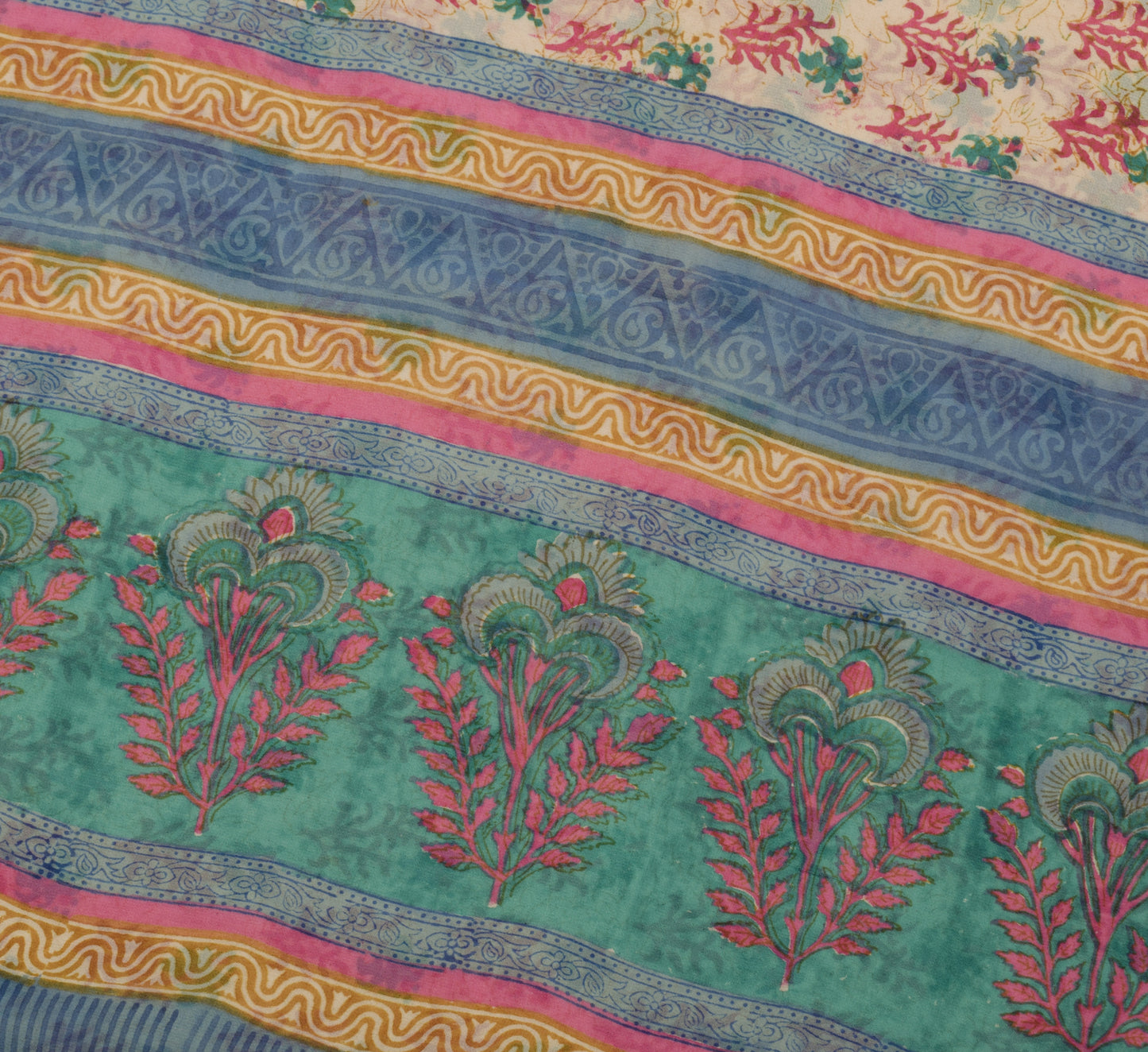 Sushila Vintage Cream Saree 100% Pure Georgette Silk Printed Floral Craft Fabric