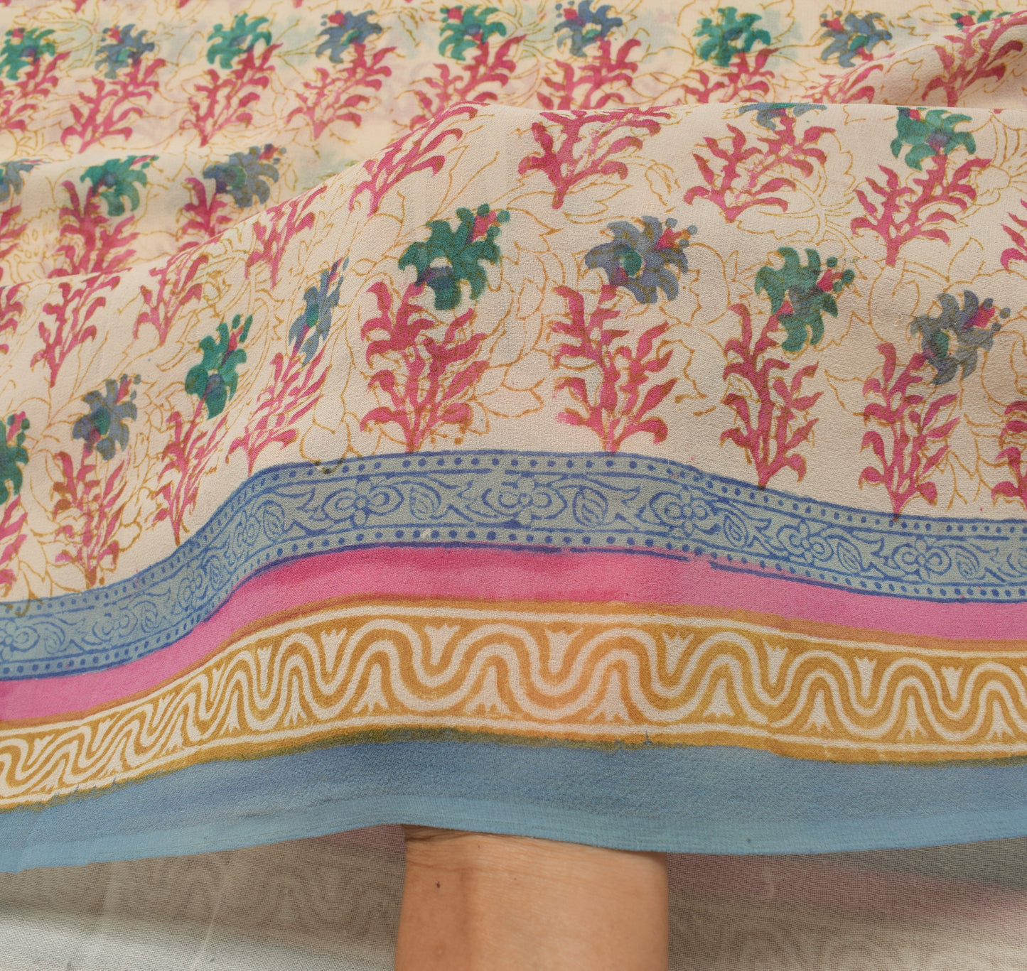 Sushila Vintage Cream Saree 100% Pure Georgette Silk Printed Floral Craft Fabric