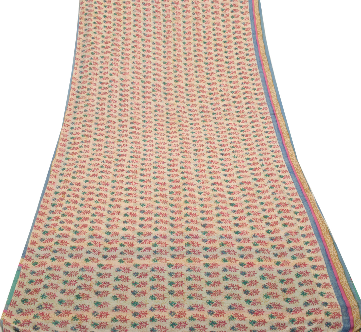 Sushila Vintage Cream Saree 100% Pure Georgette Silk Printed Floral Craft Fabric