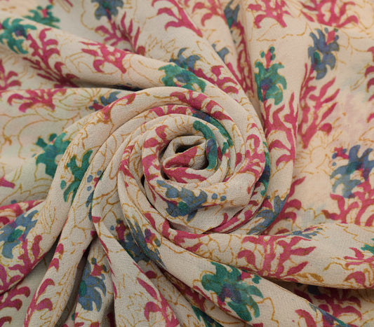 Sushila Vintage Cream Saree 100% Pure Georgette Silk Printed Floral Craft Fabric