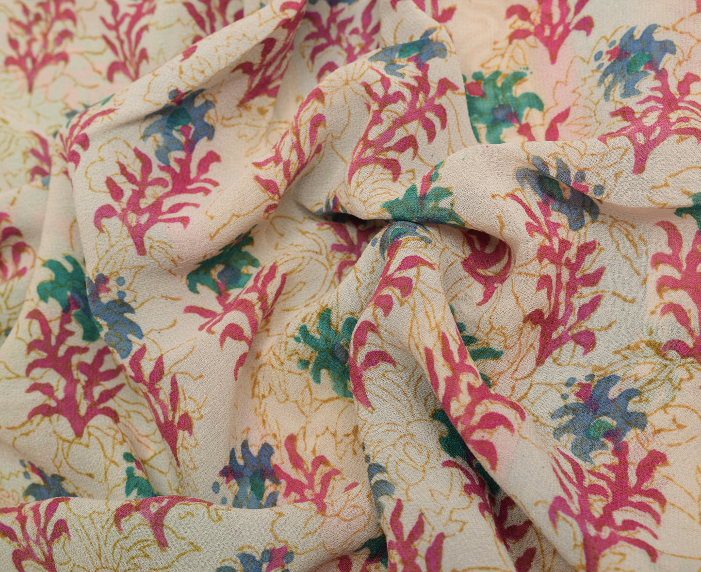 Sushila Vintage Cream Saree 100% Pure Georgette Silk Printed Floral Craft Fabric