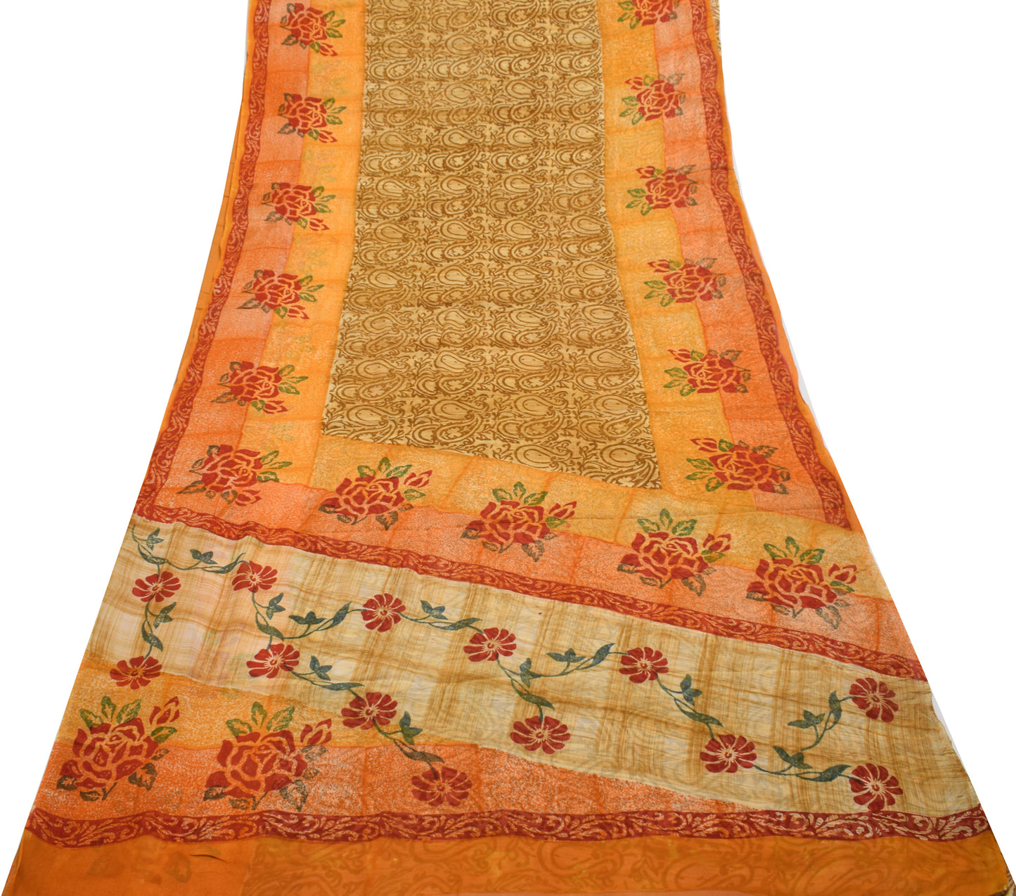 Sushila Vintage Saree 100% Pure Georgette Silk Printed Paisley 5 YD Craft Fabric