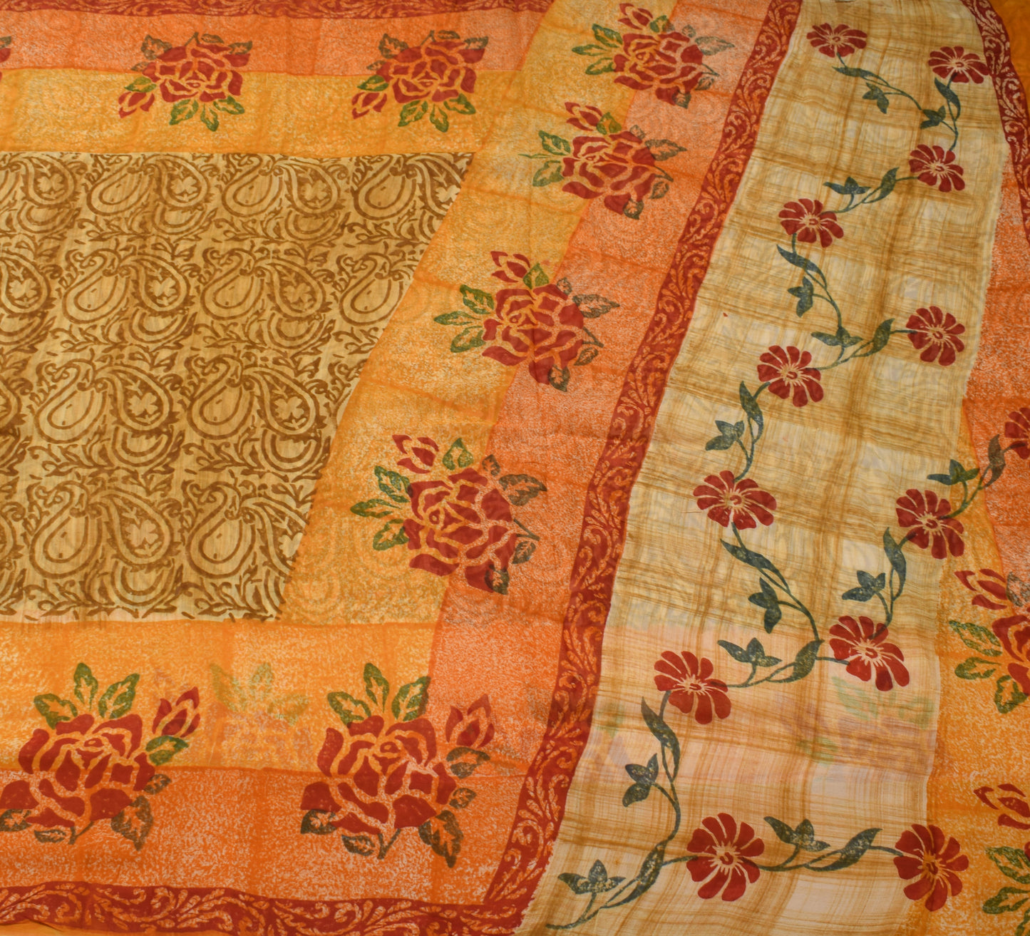 Sushila Vintage Saree 100% Pure Georgette Silk Printed Paisley 5 YD Craft Fabric