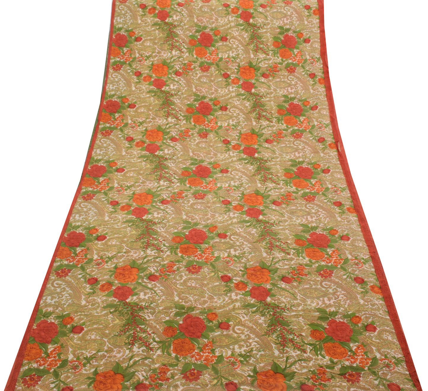 Sushila Vintage Cream Saree 100%Pure Georgette Silk Printed Paisley Craft Fabric