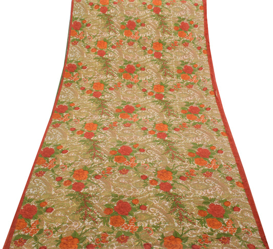 Sushila Vintage Cream Saree 100%Pure Georgette Silk Printed Paisley Craft Fabric