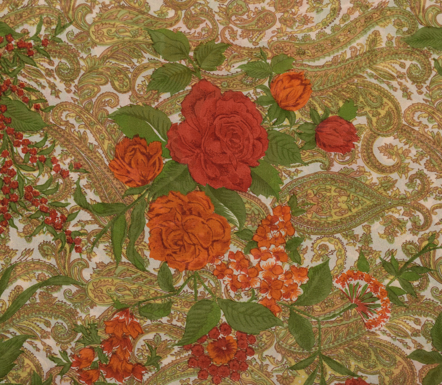 Sushila Vintage Cream Saree 100%Pure Georgette Silk Printed Paisley Craft Fabric