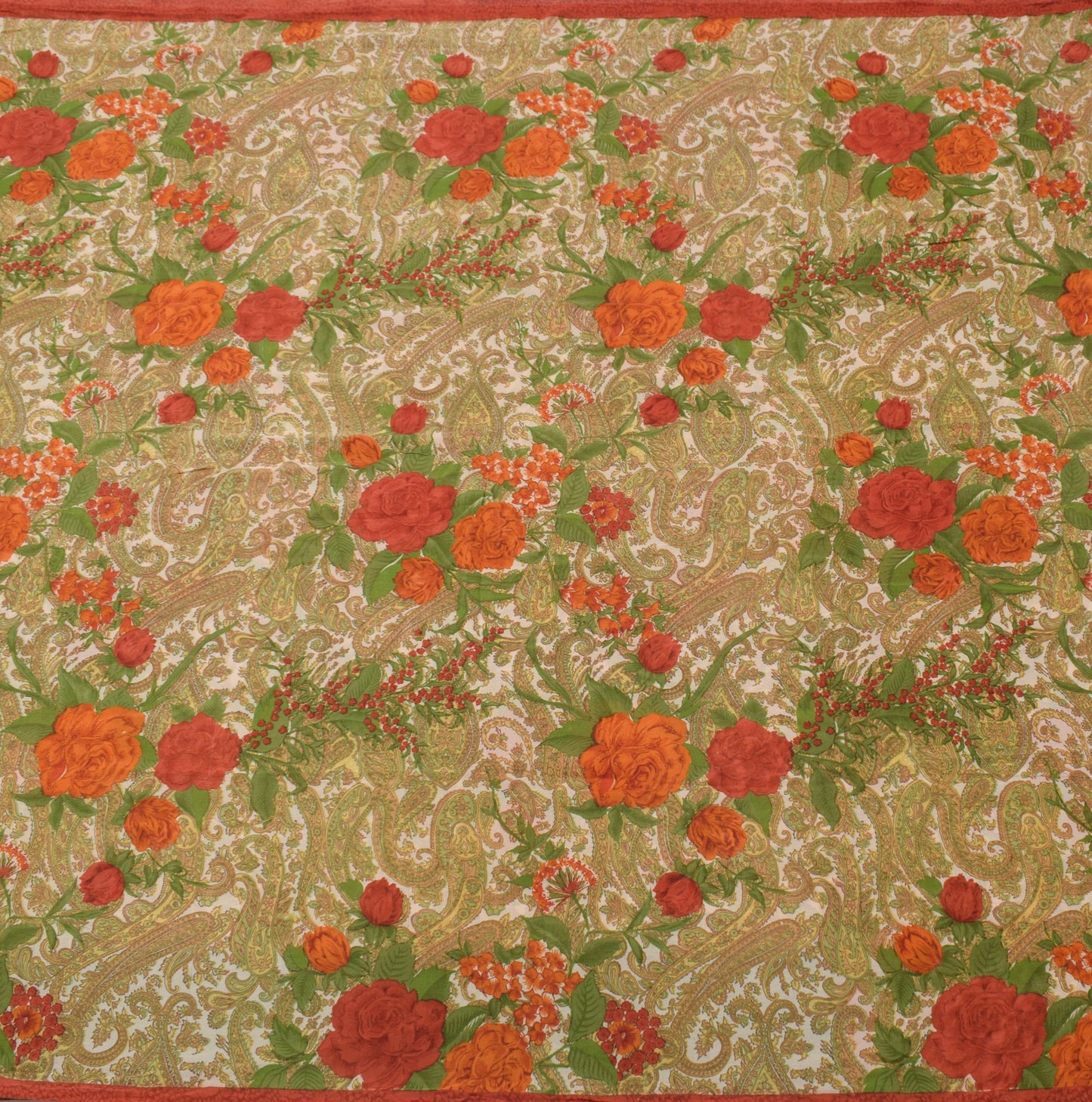 Sushila Vintage Cream Saree 100%Pure Georgette Silk Printed Paisley Craft Fabric