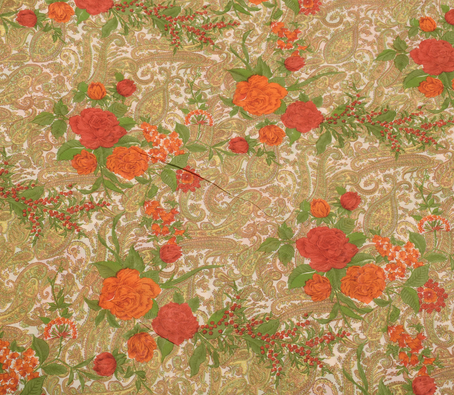 Sushila Vintage Cream Saree 100%Pure Georgette Silk Printed Paisley Craft Fabric